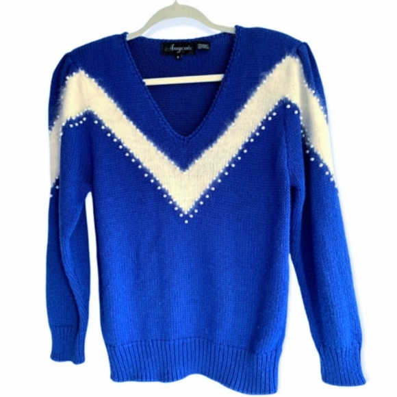 Angenie Vintage 1980's Sweater Blue Acrylic White Angora Pearl Trim Size Small - Picture 10 of 10